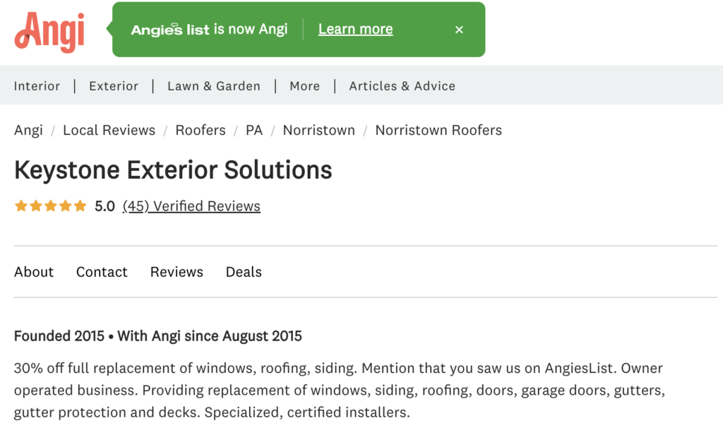Angi's List 5 star rating for Keystone Exterior Solutions